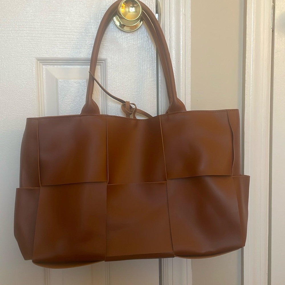 Cognac colored woven tote